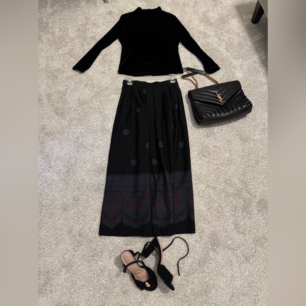 Meadowbank Long Black And Turquoise 100% Silk Skirt Size 8